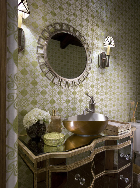 Дизайн туалетной комнаты, выполненный в зеленовато-коричневых тонах